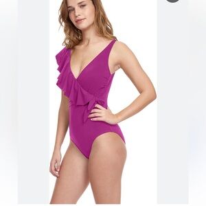 Gottex one piece ruffle‎ swimsuit bathing suit purple pink Violoa wrap NEW